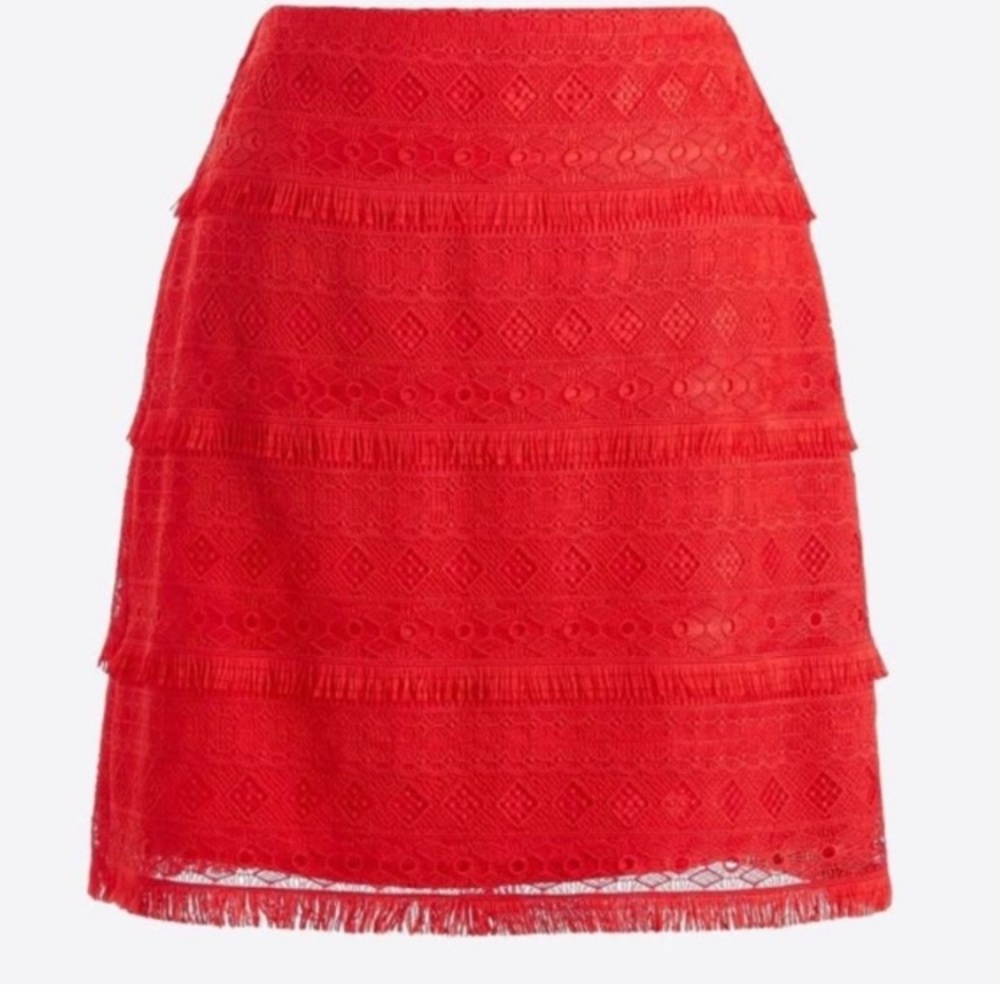 J. Crew Tomato Red Lace & Fringe Mini Skirt Size 10